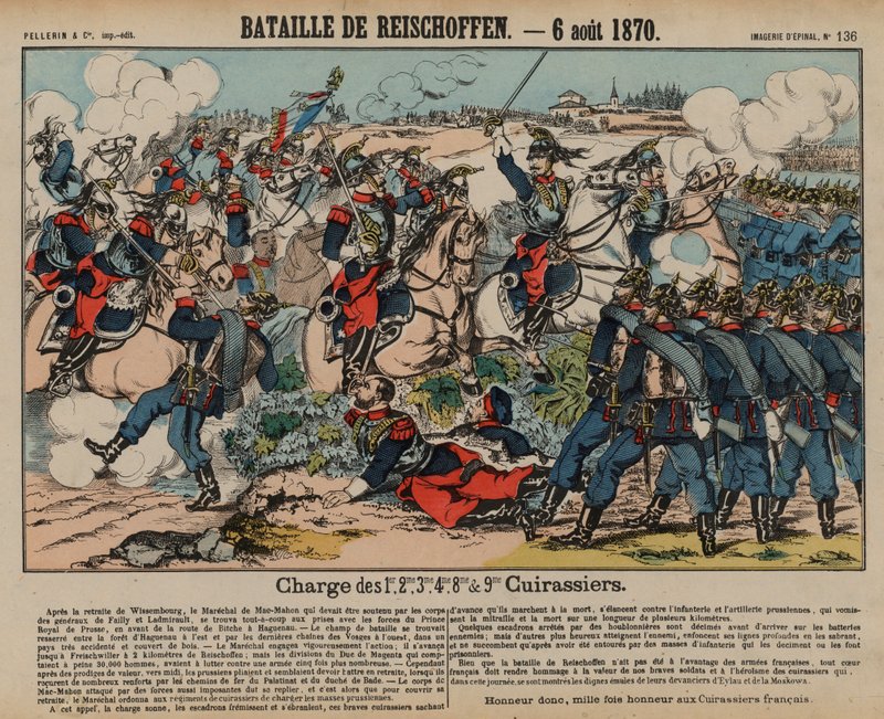 Cuirassiers francesi che caricano la fanteria prussiana alla battaglia di Reichshoffen, guerra franco-prussiana, 6 agosto 1870 da French School