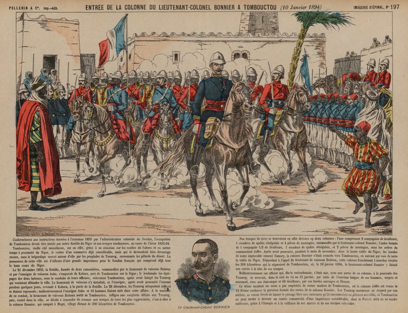 Truppe francesi comandate dal tenente colonnello Eugene Bonnier che entrano a Timbuktu da French School