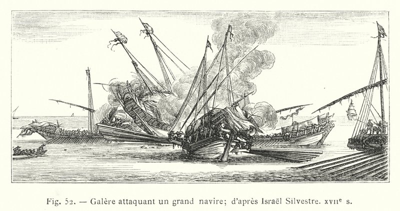 Galeone che attacca una grande nave; da Israel Silvestre, XVII secolo da French School