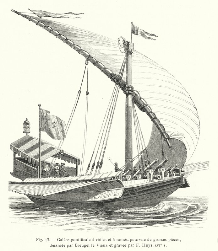 Galea pontificale a vele e remi, dotata di pezzi grossi, disegnata da Breugel il Vecchio e incisa da F Huys, XVI secolo (incisione) da French School