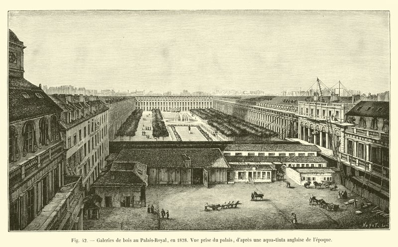 Gallerie di legno al Palais-Royal, nel 1828, Vista dal palazzo, secondo un