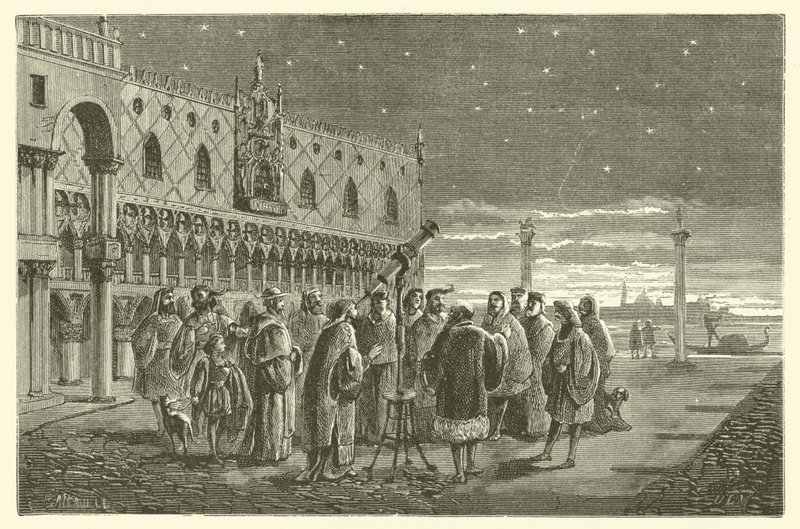 Galileo mostra i satelliti di Giove ai senatori di Venezia (incisione) da French School