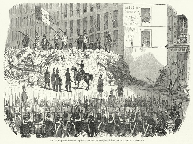 Generale Lamoriciere che negozia con i lavoratori armati che difendono la loro barricata fuori dalla caserma di Saint Martin, Parigi, 23 giugno 1848 (incisione) da French School