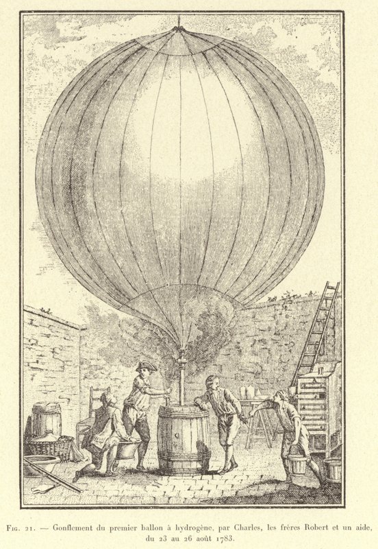 Gonfiamento del primo pallone a idrogeno, da parte di Charles, i fratelli Robert e un assistente, dal 23 al 26 agosto 1783 da French School
