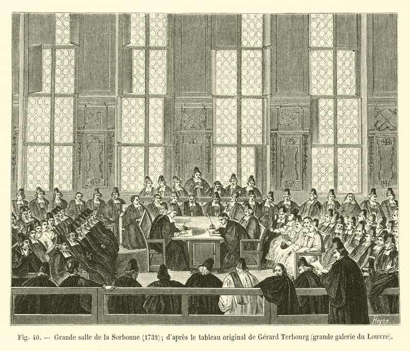 Grande sala della Sorbona, 1732; dal dipinto originale di Gerard Terbourg, grande galleria del Louvre da French School