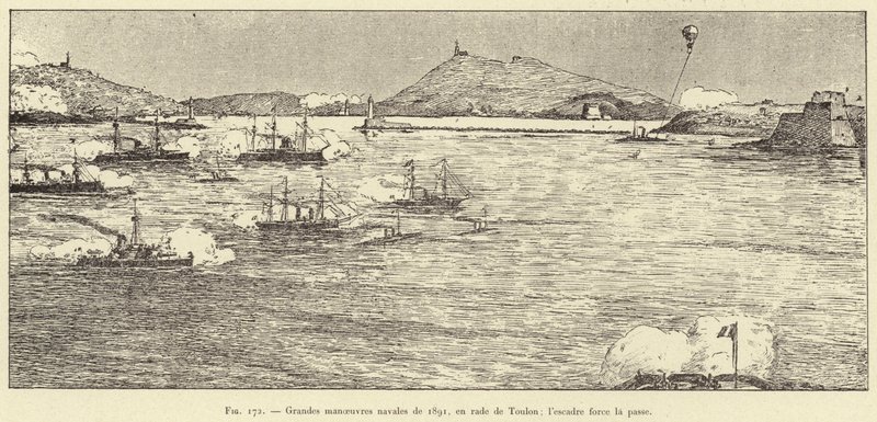 Grandi manovre navali del 1891, nella rada di Tolone; la squadra forza il passaggio (incisione) da French School