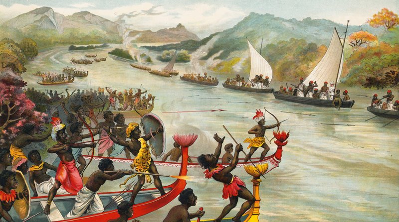 Grande combattimento su un fiume in Africa da French School