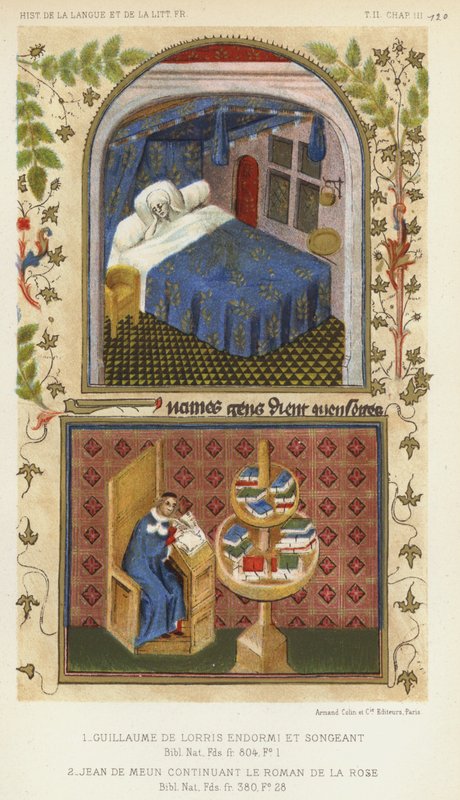 Guillaume de Lorris addormentato e sognante, Jean de Meun continua il Roman de la Rose da French School