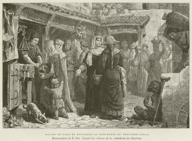 Halles di Parigi e negozi di mercanti nel tredicesimo secolo (incisione) da French School