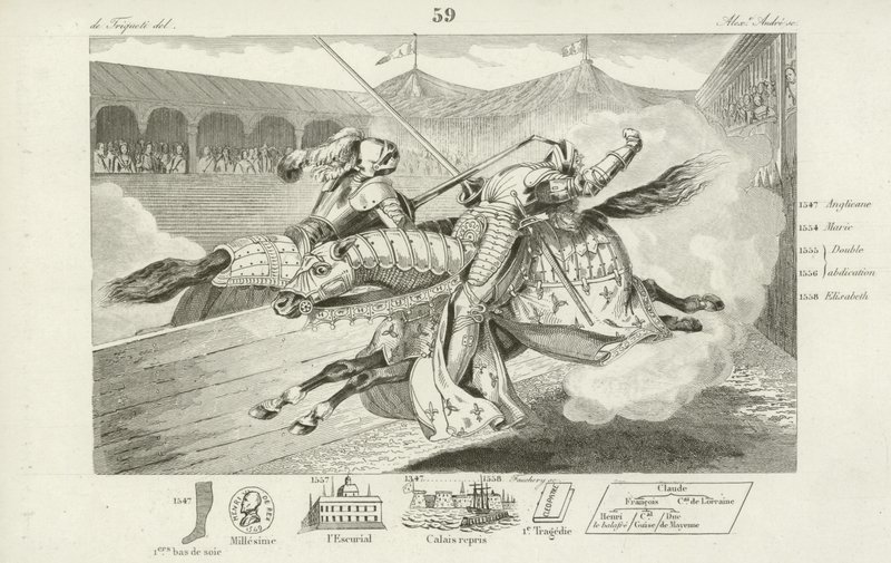 Enrico II di Francia ferito mortalmente in un torneo con Gabriel Montgomery, Capitano della guardia scozzese del re, 1559 da French School