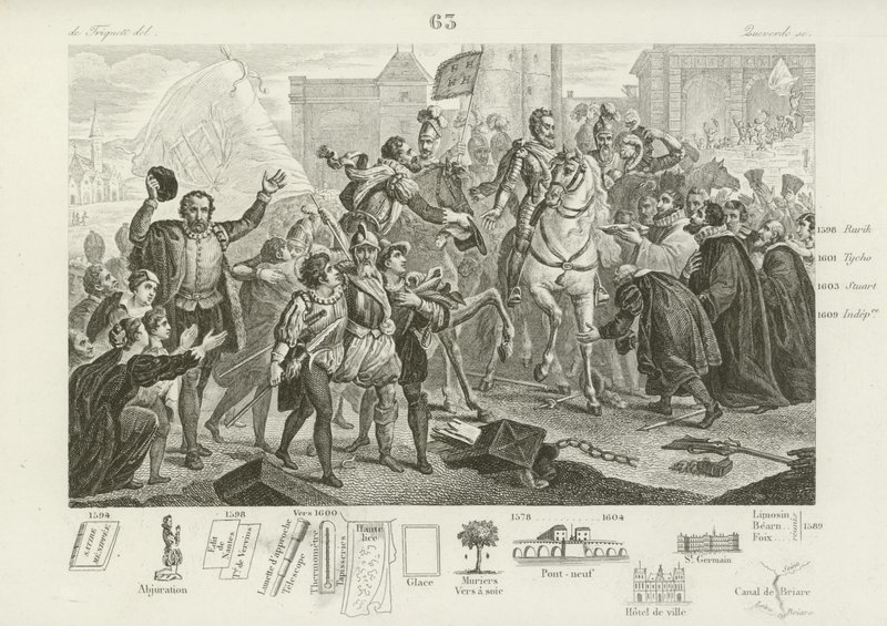 Enrico IV di Francia entra a Parigi accompagnato dal Conte di Brissac, Governatore della città, 22 marzo 1594 da French School