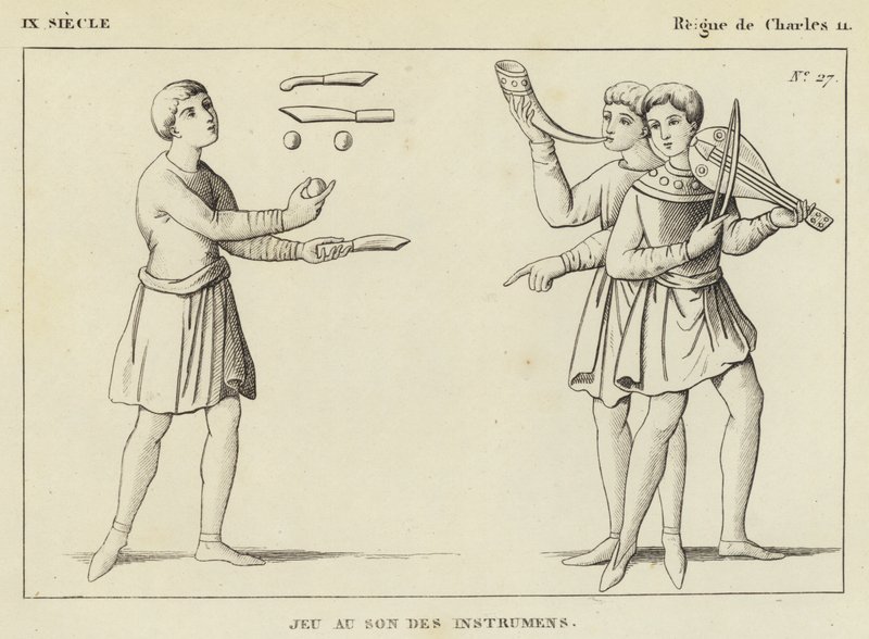 IX secolo, regno di Carlo II, gioco al suono degli strumenti (incisione) da French School