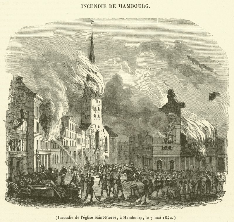 Incendio della chiesa di San Pietro, ad Amburgo, il 7 maggio 1842 da French School