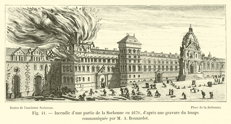 Incendio di una parte della Sorbona nel 1670, da un
