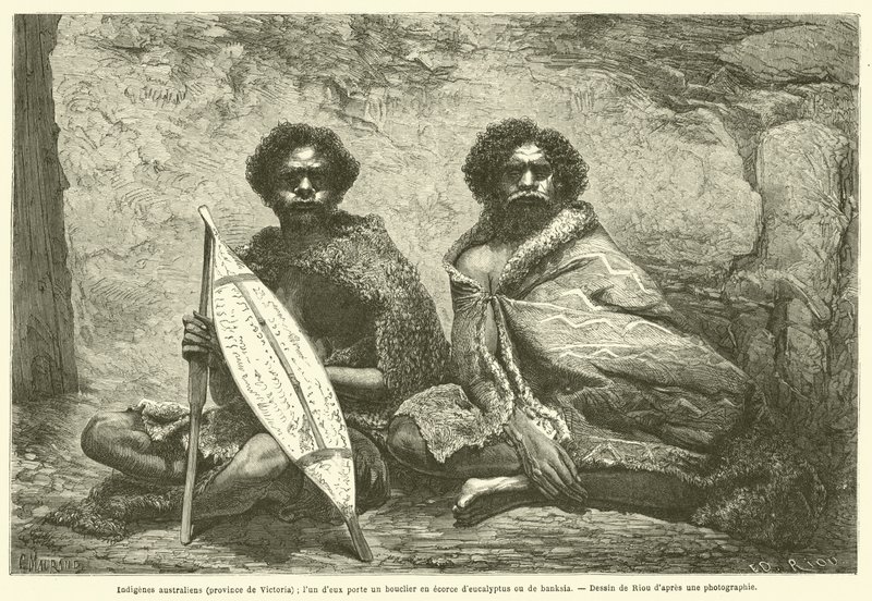 Indigeni australiani (provincia di Victoria); uno di loro porta uno scudo di corteccia di eucalipto o di banksia da French School
