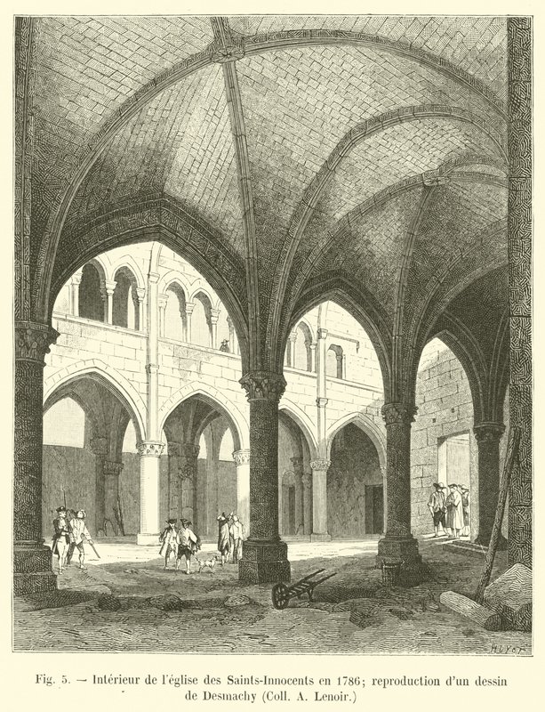 Interno della chiesa dei Santi Innocenti nel 1786; riproduzione di un disegno di Desmachy, Coll A Lenoir da French School