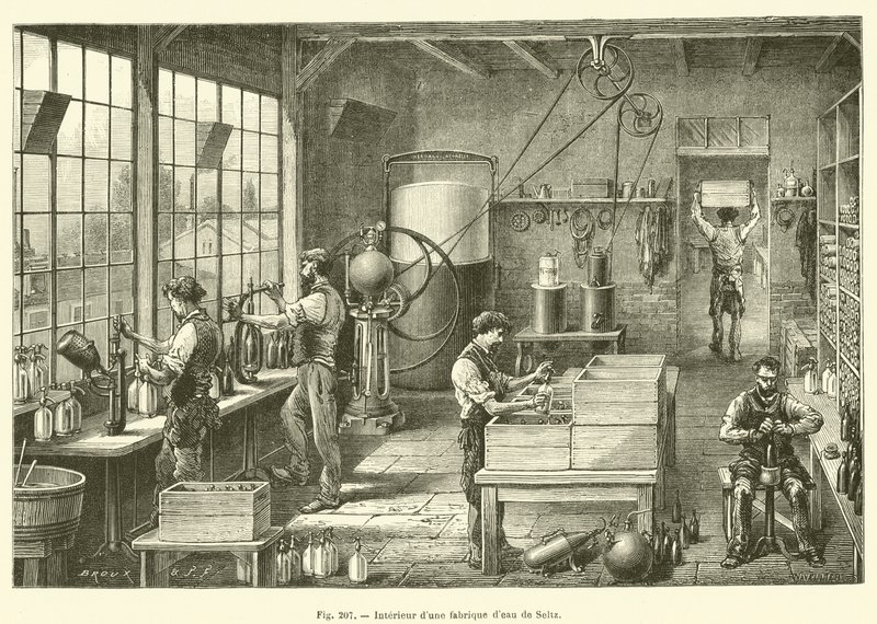 Interno di una fabbrica di acqua di Seltz da French School