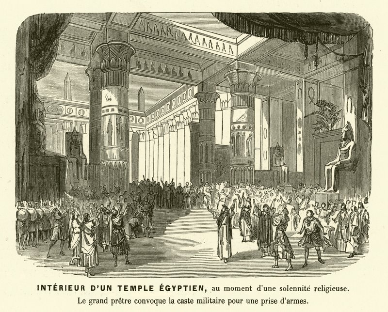 Interno di un tempio egiziano antico durante una cerimonia (incisione) da French School