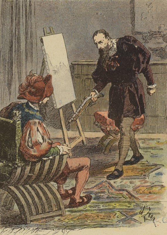 Il pittore italiano Tintoretto si avvicina a Pietro Aretino, armato di pistola, per prendere le misure per il suo ritratto da French School