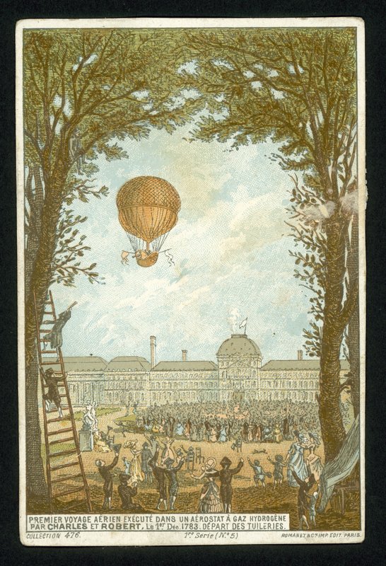 Jacques Charles e Marie-Noel Robert che fanno la prima ascesa in un pallone a idrogeno, Parigi, 1 dicembre 1783 da French School