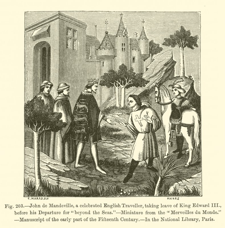 John de Mandeville, un celebre viaggiatore inglese, che saluta il re Edoardo III prima della sua partenza per "oltre i mari" da French School