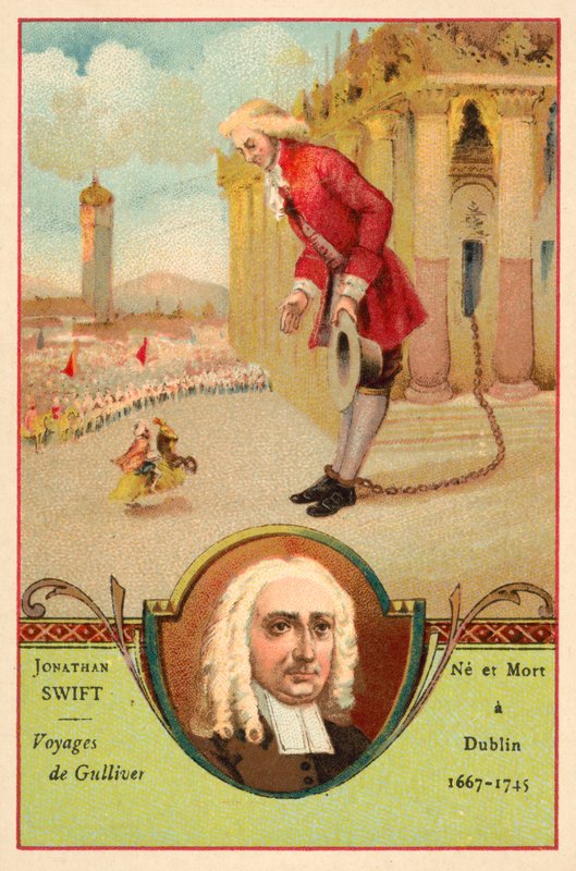 Jonathan Swift, autore irlandese, e una scena dal suo romanzo I viaggi di Gulliver da French School