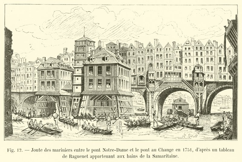 Giostra dei marinai tra il Pont Notre-Dame e il Pont au Change nel 1751, da un quadro di Raguenet appartenente ai bagni della Samaritaine da French School