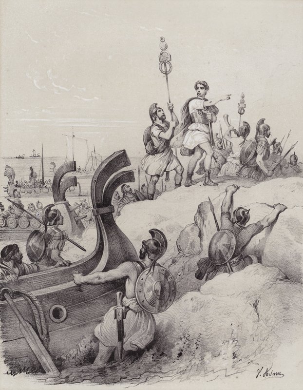 Giulio Cesare e i Romani sbarcano nel Kent nella loro prima invasione della Britannia, 55 a.C. da French School