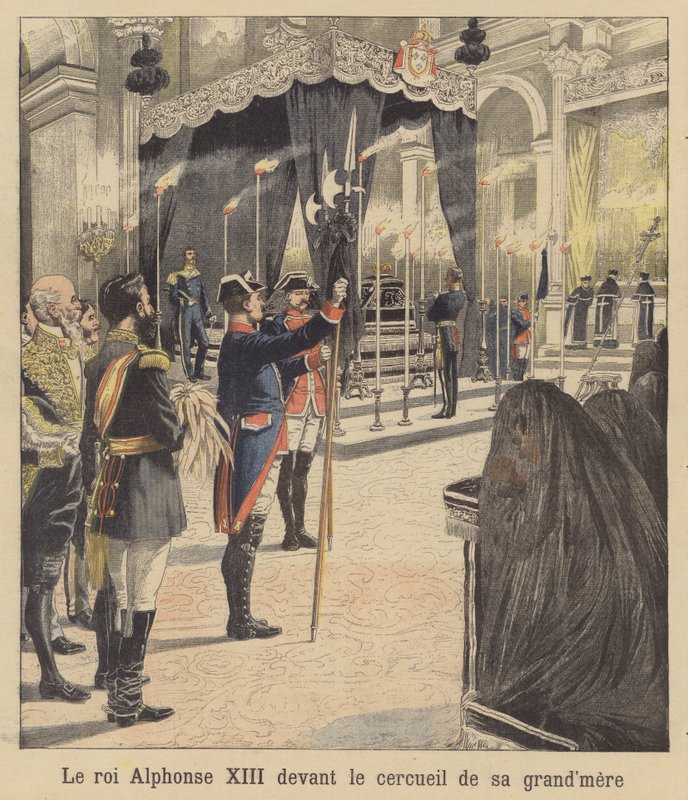 Il re Alfonso XIII di Spagna davanti alla bara della nonna, la regina Isabella II (litografia a colori) da French School