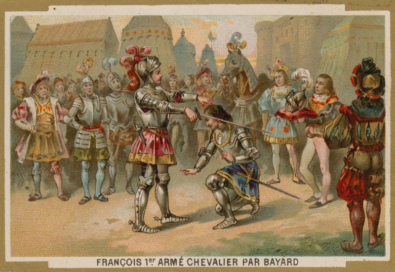 Re Carlo I di Francia nominato cavaliere da Chevalier de Bayard dopo la battaglia di Marignano, 1515 da French School
