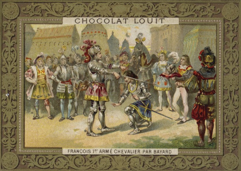 Re Carlo I di Francia nominato cavaliere da Chevalier de Bayard dopo la Battaglia di Marignano, 1515 da French School