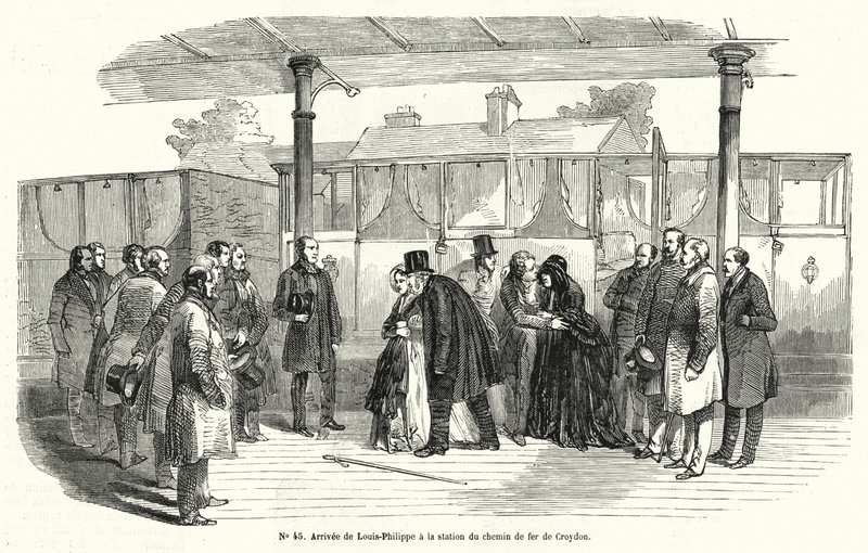 Re Luigi Filippo di Francia che arriva alla stazione ferroviaria di Croydon dopo essere stato costretto all