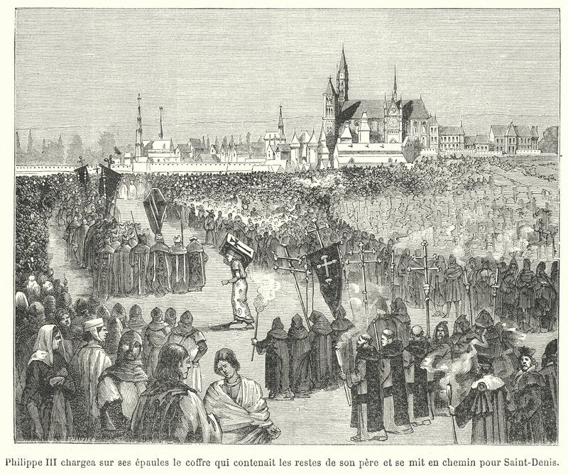 Re Filippo III di Francia che porta le ossa di suo padre, Luigi IX, alla sua sepoltura nella Basilica di St Denis, Parigi da French School