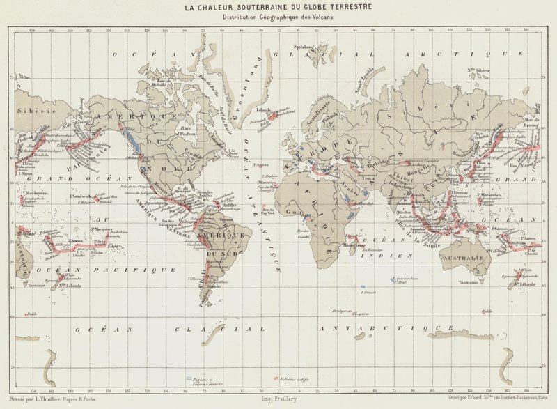 Il calore sotterraneo del globo terrestre, distribuzione geografica dei vulcani da French School