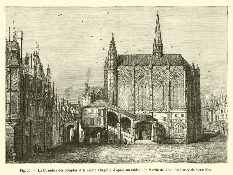 La Camera dei conti e la Sainte-Chapelle, da un quadro di Martin del 1705, del Museo di Versailles da French School