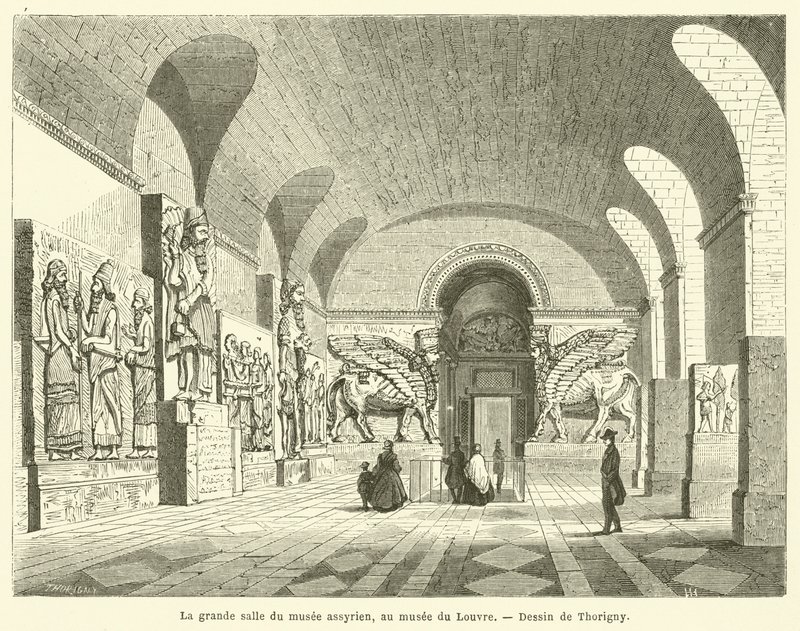 La grande sala del museo assiro, al museo del Louvre da French School