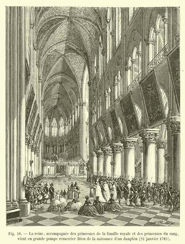 La regina, accompagnata dalle principesse della famiglia reale e dalle principesse del sangue, viene in grande pompa a ringraziare Dio per la nascita di un delfino, 21 gennaio 1782 da French School