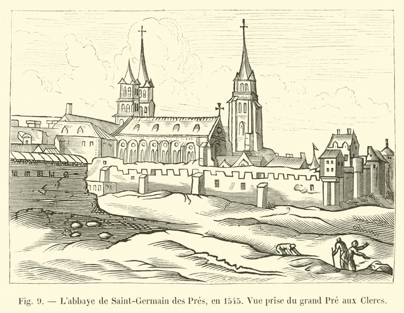 Abbazia di Saint-Germain des Pres, nel 1545, vista dal grande Pre aux Clercs da French School