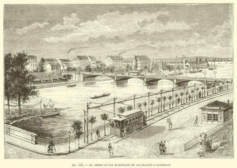 La Ferrovia Elettrica da Sacchausen a Offenbach (incisione) da French School