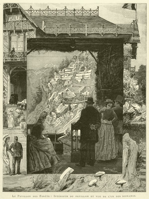 Il Padiglione delle Foreste, interno del padiglione e vista di uno dei diorami (incisione) da French School