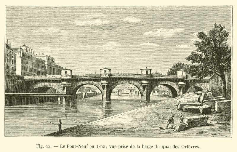 Le Pont-Neuf nel 1845, vista dalla riva del quai des Orfevres da French School
