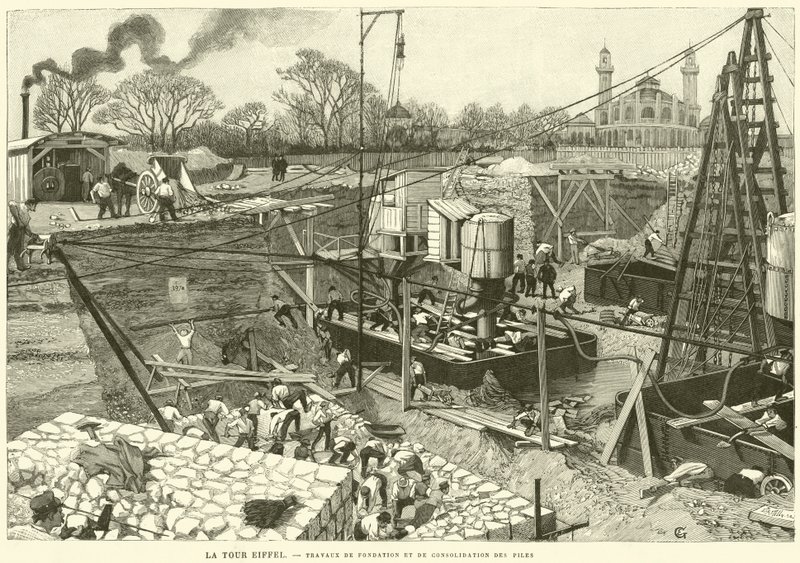 La Torre Eiffel, lavori di fondazione e consolidamento delle pile da French School