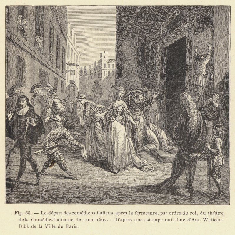 La partenza dei comici italiani, dopo la chiusura, per ordine del re, del teatro della Comédie-Italienne, il 4 maggio 1697 (incisione) da French School