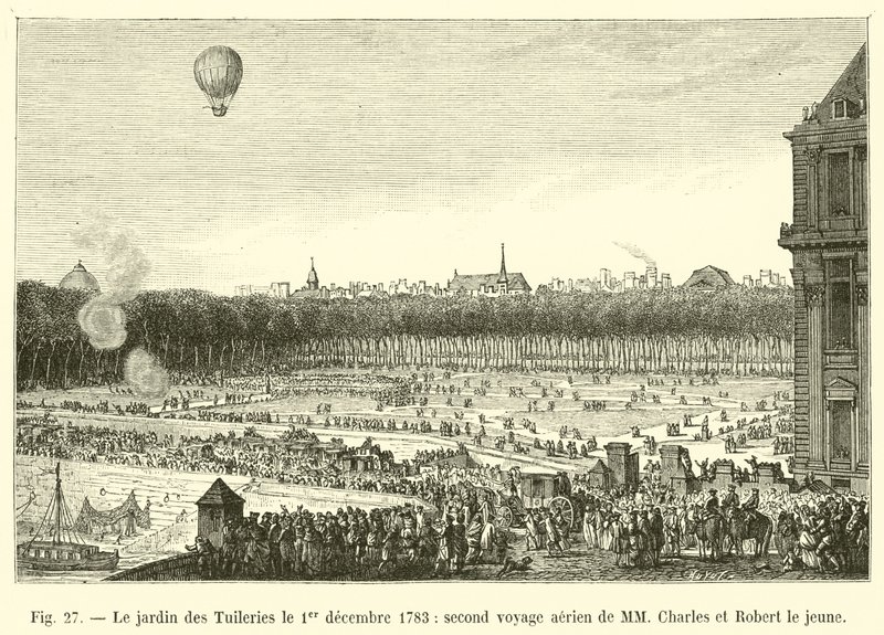 Il giardino delle Tuileries il 1° dicembre 1783, secondo viaggio aereo di MM. Charles e Robert il giovane da French School
