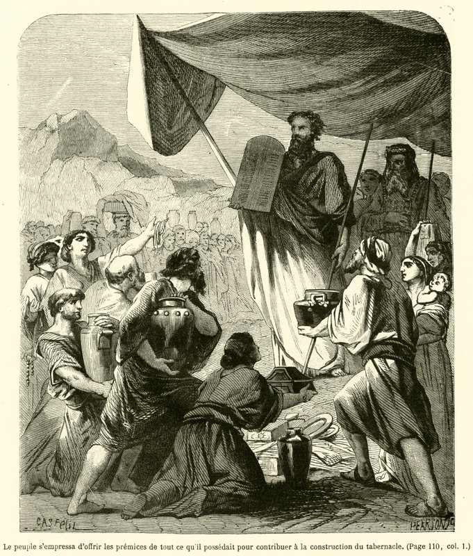 Il popolo si affrettò a offrire le primizie di tutto ciò che possedeva per contribuire alla costruzione del tabernacolo da French School