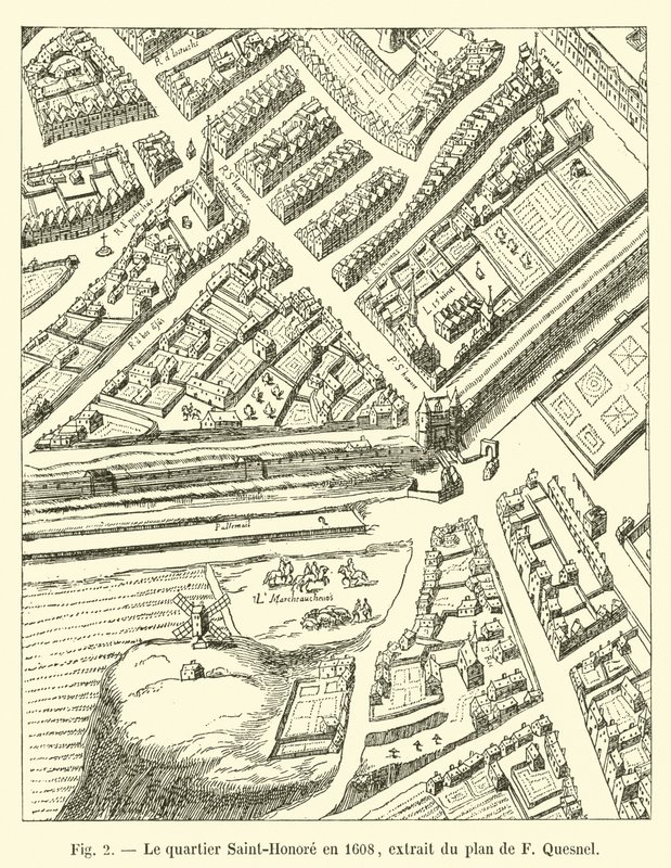 Il quartiere Saint-Honoré nel 1608, estratto dal piano di F Quesnel da French School