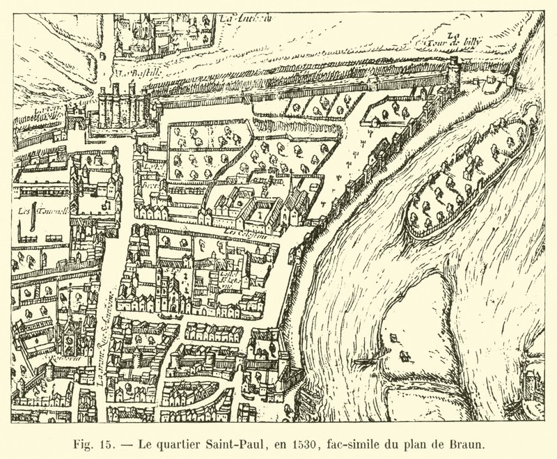 Il quartiere Saint-Paul, nel 1530, fac-simile del piano di Braun da French School