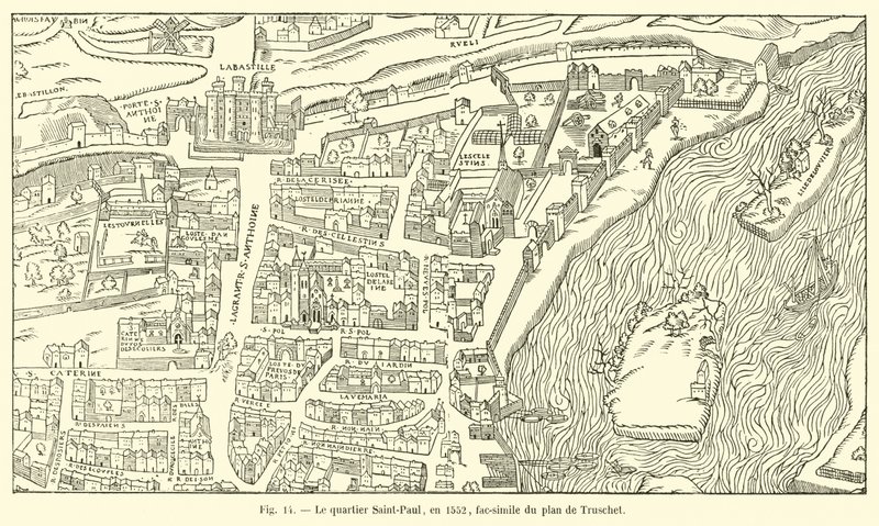 Il quartiere Saint-Paul, nel 1552, fac-simile del piano di Truschet da French School
