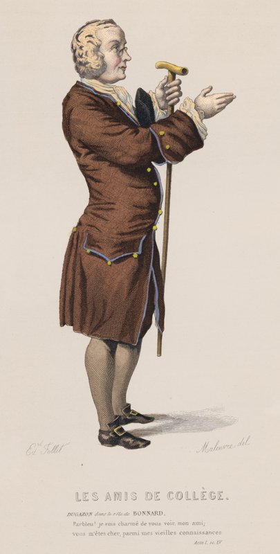 Gli Amici del Collegio, Atto I, Scena XV (incisione colorata) da French School