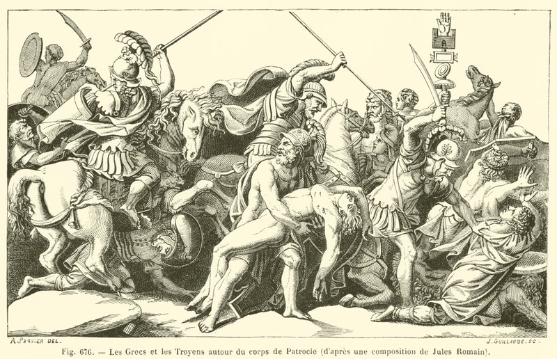 I Greci e i Troiani intorno al corpo di Patroclo da French School